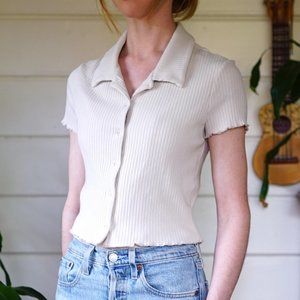 Reformation Brandy Rib Crop Top in Beige - Collared Button Down - Size Large